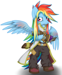 Size: 797x968 | Tagged: safe, artist:zeldacourage, rainbow dash, pegasus, pony, semi-anthro, g4, alternate hairstyle, bipedal, boots, clothes, female, looking at you, luke fon fabre, mare, parody, shoes, simple background, solo, sword, tales of series, tales of the abyss, transparent background, weapon