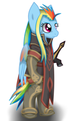 Size: 514x900 | Tagged: safe, artist:zeldacourage, rainbow dash, pegasus, pony, semi-anthro, g4, abstract background, alternate hairstyle, bipedal, clothes, female, mare, parody, simple background, solo, sword, tales of series, tales of the abyss, weapon