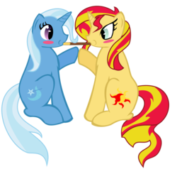 Size: 1052x1000 | Tagged: safe, artist:furiosthestral, sunset shimmer, trixie, pony, unicorn, g4, blush sticker, blushing, duo, eye contact, female, holding hooves, lesbian, pocky, pocky game, puffy cheeks, ship:suntrix, shipping, simple background, sitting, transparent background
