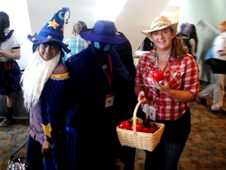 Size: 1024x768 | Tagged: safe, applejack, mare do well, star swirl the bearded, twilight sparkle, human, g4, 2013, basket, clothes, convention, cosplay, costume, irl, irl human, otakon, photo