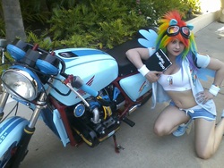 Size: 1280x960 | Tagged: safe, artist:supermousechan, rainbow dash, human, g4, 2013, clothes, convention, cosplay, decal, fiesta equestria, goggles, honda, irl, irl human, motorcycle, photo, shorts, solo, wristband