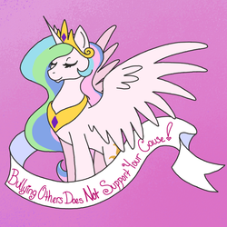 Size: 800x800 | Tagged: safe, artist:lovelywaifu, princess celestia, alicorn, pony, g4, eyes closed, female, mare, mouthpiece, old banner, pink background, positive message, positive ponies, simple background, smiling, solo, spread wings