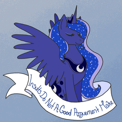 Size: 800x800 | Tagged: safe, artist:lovelywaifu, princess luna, g4, eyes closed, female, mouthpiece, old banner, positive message, positive ponies, smiling, solo, spread wings
