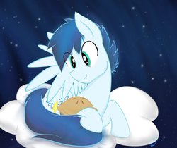 Size: 1024x862 | Tagged: safe, artist:altolovestrings, soarin', g4, alternate hairstyle, backwards cutie mark, cargo ship, male, old cutie mark, pie, solo, that pony sure does love pies