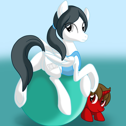 Size: 800x800 | Tagged: safe, artist:perfectpinkwater, pegasus, pony, unicorn, animal crossing, butt, exercise ball, featureless crotch, female, mare, plot, ponified, rule 85, super smash bros., villager, wii fit trainer