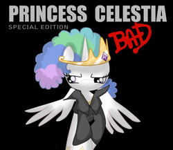 Size: 850x739 | Tagged: safe, artist:strabarybrick, princess celestia, g4, :c, afro, album cover, clothes, female, frolestia, frown, glare, jacket, michael jackson, parody, solo, spread wings