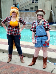 Size: 768x1024 | Tagged: artist needed, safe, applejack, human, g4, 2013, convention, cosplay, glasses, irl, irl human, otakon, overalls, photo