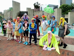 Size: 1024x768 | Tagged: artist needed, safe, derpy hooves, fluttershy, queen chrysalis, rainbow dash, oc, oc:fluffle puff, human, g4, 2013, bunny ears, convention, cosplay, dangerous mission outfit, group photo, irl, irl human, otakon, photo, rainbow blitz, rule 63