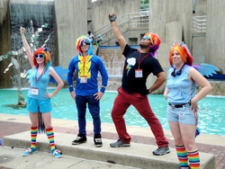 Size: 1024x768 | Tagged: artist needed, safe, rainbow dash, human, g4, 2013, convention, cosplay, goggles, irl, irl human, otakon, photo, rainbow blitz, rule 63