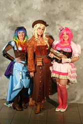 Size: 500x750 | Tagged: artist needed, safe, applejack, pinkie pie, rainbow dash, human, g4, cosplay, fashion, irl, irl human, photo, steampunk, wondercon, wondercon 2014