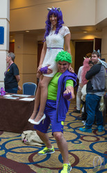 Size: 3697x6000 | Tagged: safe, artist:jamesalpha, rarity, spike, human, g4, babscon, babscon 2014, carrying, convention, cosplay, high heels, irl, irl human, photo, shoes