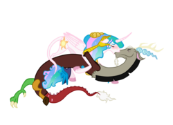 Size: 963x698 | Tagged: safe, artist:castorochiaro, discord, princess celestia, alicorn, classical unicorn, pony, g4, cloven hooves, female, horn, kissing, leonine tail, male, ship:dislestia, shipping, straight