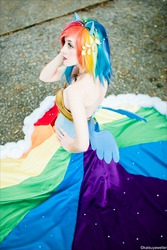 Size: 2594x3874 | Tagged: safe, artist:flying-fox, rainbow dash, human, g4, clothes, cosplay, dress, gala dress, high res, irl, irl human, photo, sitting, solo