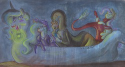 Size: 1280x687 | Tagged: safe, artist:frankilew, discord, fluttershy, princess celestia, g4, boat, clothes, female, guitar, lantern, male, ship:dislestia, shipping, straight