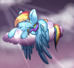Size: 2700x2500 | Tagged: dead source, safe, artist:pastelflakes, rainbow dash, pegasus, pony, g4, cloud, cloudy, crepuscular rays, female, high res, night, obtrusive watermark, on a cloud, sleeping, solo, watermark