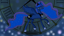 Size: 2732x1536 | Tagged: safe, artist:foudubulbe, princess luna, g4, clock, female, looking at you, solo