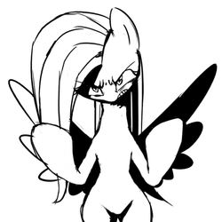 Size: 500x500 | Tagged: safe, artist:30clock, fluttershy, pony, semi-anthro, g4, angry, big hooves, bipedal, featureless crotch, female, flutterrage, looking at you, monochrome, pixiv, simple background, solo, spread wings, white background