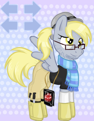 Size: 419x541 | Tagged: source needed, safe, artist:flutteriot, derpy hooves, pegasus, pony, g4, atheism, book, clothes, fedora shaming, female, hat, knife, mare, neckbeard, pants, scarf, solo, trilby