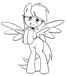 Size: 473x539 | Tagged: safe, artist:30clock, rainbow dash, pegasus, pony, g4, bipedal, female, grin, looking at you, mare, monochrome, nervous, pixiv, simple background, sketch, smiling, solo, spread wings, white background