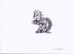 Size: 900x654 | Tagged: safe, artist:masterjosh140, oc, oc only, oc:rampage, earth pony, pony, fallout equestria, armor, barbed wire, blades, braided tail, claws, grin, helmet, monochrome, solo, spikes, stripes, traditional art