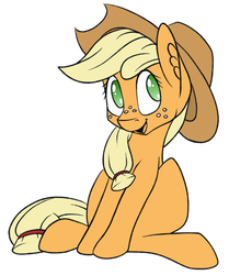 Size: 519x622 | Tagged: safe, artist:tlatophat, applejack, g4, cute, female, freckles, looking at you, open mouth, simple background, sitting, smiling, solo