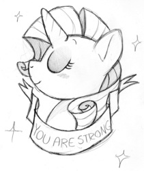 Size: 1280x1514 | Tagged: safe, artist:fuckmysentry, rarity, g4, blushing, eyes closed, female, mouthpiece, old banner, positive message, positive ponies, profile, smiling, solo, sparkles, traditional art