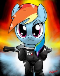 Size: 793x1008 | Tagged: safe, artist:sakaerion, rainbow dash, g4, armor, assault rifle, female, mass effect, n7 armor, solo