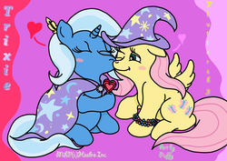Size: 3189x2255 | Tagged: safe, artist:puffydearlysmith, fluttershy, trixie, g4, blushing, feather, female, heart, high res, kissing, lesbian, shipping, trixieshy