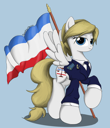 Size: 1300x1512 | Tagged: safe, artist:equestrianmarine, pegasus, pony, crimea, flag, hoof hold, looking at you, natalia poklonskaya, ponified, smiling, solo, spread wings