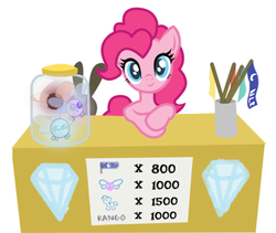 Size: 892x754 | Tagged: source needed, safe, artist:metax-z, pinkie pie, parasprite, g4, bottle, crayon drawing, crossed hooves, cute, diamonds, female, flag, looking at you, shop, solo, spanish