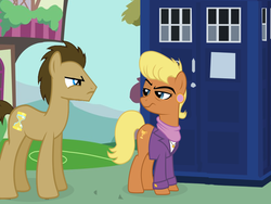 Size: 885x667 | Tagged: safe, artist:snx11, artist:theevilflashanimator, doctor whooves, ms. harshwhinny, time turner, earth pony, pony, g4, crossover, doctor who, female, male, mare, stallion, tardis, the doctor
