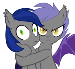 Size: 1280x1177 | Tagged: safe, artist:chip, artist:madmax, edit, oc, oc only, oc:hekesuh, oc:midnight blossom, bat pony, pony, angry, frown, glare, hostage, hug, looking at you, male, mine!, possessive, protecting, scared, spread wings, trap, wide eyes