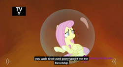 Size: 637x350 | Tagged: safe, screencap, fluttershy, g4, my little pony: friendship is magic, twilight's kingdom, bubble, female, force field, frown, meme, sad, solo, youtube caption