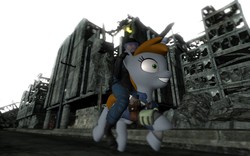 Size: 1680x1050 | Tagged: artist needed, safe, oc, oc only, oc:littlepip, human, pony, unicorn, fallout equestria, 3d, clothes, fallout, fanfic, fanfic art, female, game, gmod, gun, handgun, hooves, horn, insanity, jumpsuit, little macintosh, mare, optical sight, pipbuck, revolver, riding a pony, riot gear, ruins, running, smiling, teeth, vault suit, wasteland, wat, weapon