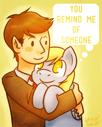 Size: 500x623 | Tagged: safe, artist:steveholt, derpy hooves, pony, g4, crossover, cute, doctor who, holding a pony, hug, smiling, tenth doctor, thought bubble