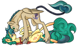 Size: 1153x692 | Tagged: safe, artist:cybiline, oc, oc only, oc:needlepoint, oc:wave rider, pegasus, pony, unicorn, clothes, eye contact, gay, legs in air, male, oc x oc, on back, scarf, shipping, smiling, standing, tail wrap, unshorn fetlocks