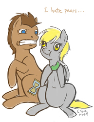Size: 500x647 | Tagged: safe, artist:steveholt, derpy hooves, doctor whooves, time turner, pegasus, pony, g4, :t, derp, disgusted, doctor whooves is not amused, eating, empty eyes, female, gritted teeth, herbivore, hoof hold, mare, no catchlights, no pupils, pear, raised hoof, simple background, sitting, smiling, that pony sure does hate pears, white background, wide eyes