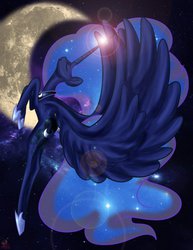 Size: 786x1017 | Tagged: safe, artist:cybiline, princess luna, g4, eyes closed, female, flying, lens flare, moon, night, sky, solo, spread wings, stars