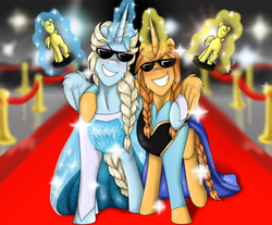 Size: 2255x1867 | Tagged: safe, artist:namyg, oc, oc only, alicorn, pony, alicorn oc, anna, carpet, elsa, frozen (movie), oscars, red carpet, sunglasses