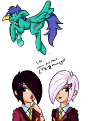 Size: 774x1032 | Tagged: safe, artist:cybiline, oc, oc:zephyr storm(mcgack), human, pegasus, pony, biskit twins, brittany biskit, crossover, disguise, hair over one eye, littlest pet shop, simple background, transparent background, whittany biskit