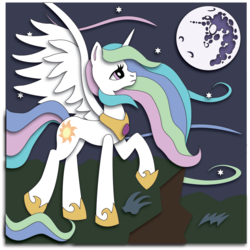 Size: 896x896 | Tagged: safe, artist:the-paper-pony, princess celestia, g4, female, mare in the moon, moon, night, solo, stars