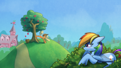 Size: 3000x1709 | Tagged: safe, artist:darkflame75, applejack, rainbow dash, earth pony, pegasus, pony, fanfic:appledashery, g4, appledashery, blushing, bucking, fanfic art, fanfic cover, female, lesbian, not creepy, observer, ship:appledash, shipping, stalker, stalker dash, sweet apple acres, tree, working