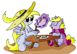 Size: 2565x1817 | Tagged: dead source, safe, artist:d3rpy, derpy hooves, dinky hooves, pegasus, pony, g4, clothes, earring, equestria's best mother, female, hat, mare, mother and daughter, tea party