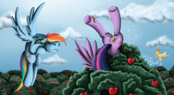 Size: 1200x657 | Tagged: safe, artist:jamescorck, applejack, rainbow dash, twilight sparkle, alicorn, pony, g4, apple, apple tree, bandaid, crash, crashlight, female, food, mare, pain, tree, twilight sparkle (alicorn), unimpressed