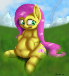 Size: 851x939 | Tagged: dead source, safe, artist:php33, fluttershy, g4, belly button, butt, embarrassed, fat, fattershy, female, plot, scenery, solo, weight gain