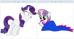 Size: 512x274 | Tagged: safe, rarity, sweetie belle, derpibooru, g4, exploitable meme, juxtaposition, juxtaposition win, lipstick, meme, meta