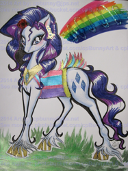 Size: 1490x1987 | Tagged: safe, artist:alaer, rarity, classical unicorn, g4, female, flower, horn, leonine tail, rainbow, solo, traditional art, watermark