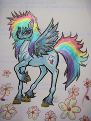 Size: 1490x1987 | Tagged: safe, artist:alaer, rainbow dash, g4, female, flower, solo, traditional art, watermark