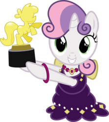 Size: 4000x4489 | Tagged: safe, artist:jeatz-axl, sweetie belle, pony, unicorn, for whom the sweetie belle toils, g4, award, bipedal, champion, clothes, dress, female, happy, holding, looking at you, simple background, smiling, solo, statue, teeth, transparent background, trophy, vector, victory, winner