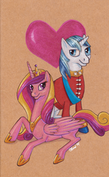 Size: 1000x1625 | Tagged: safe, artist:sabrekitty, princess cadance, shining armor, g4, heart, traditional art